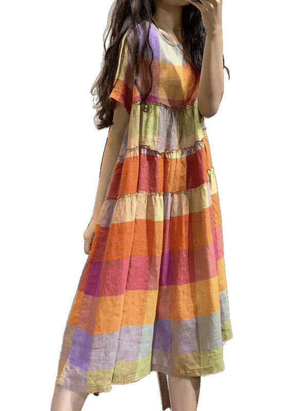 Summer Art Rainbow Ruffled Linen Plaid Dress