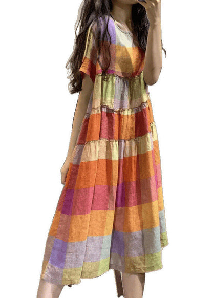 Summer Art Rainbow Ruffled Linen Plaid Dress