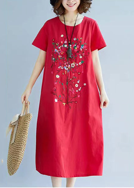 Red Dress Summer Linen Embroidered Holiday Art