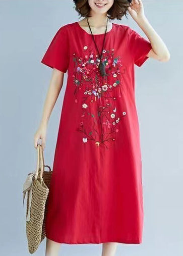 Red Dress Summer Linen Embroidered Holiday Art