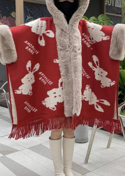 Art Red Hooded Print Patchwork Warm Fleece Cape Coats Spring YW005