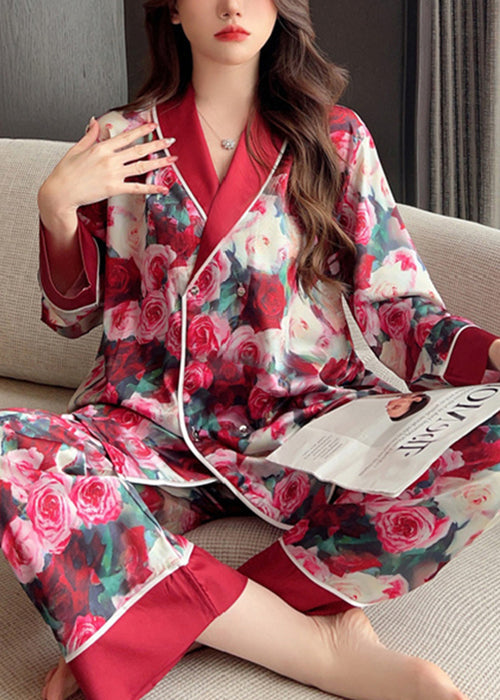 Art Red Peter Pan Collar Print Ice Silk Pajamas Two Piece Set Spring YK022