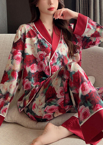 Art Red Peter Pan Collar Print Ice Silk Pajamas Two Piece Set Spring YK022