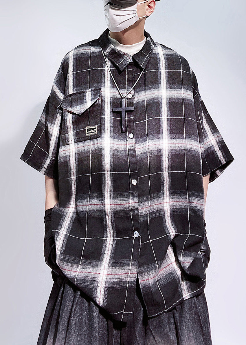 Oversized Red Art Cotton Sleeve Half Pockets Plaid Shirts Mens