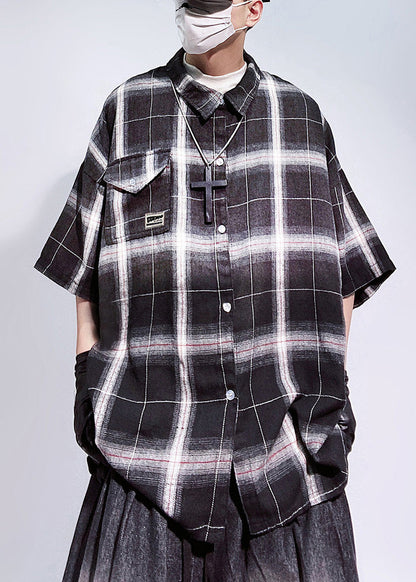 Oversized Red Art Cotton Sleeve Half Pockets Plaid Shirts Mens