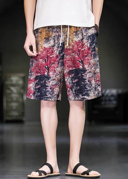 Elastic Red Pants Summer Waist Art Men Print Cotton