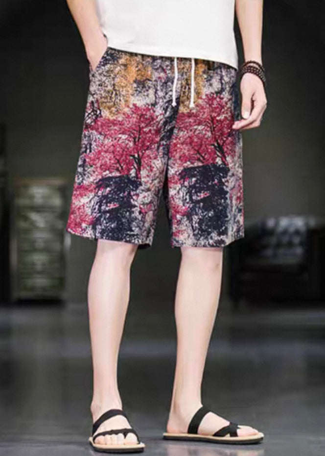 Elastic Red Pants Summer Waist Art Men Print Cotton