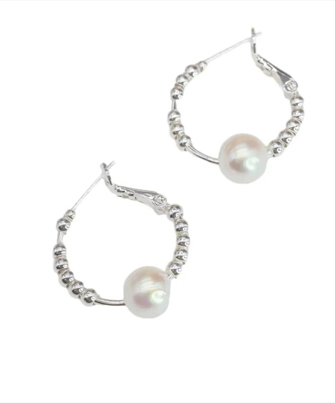 Pearl Earrings Broken Copper Hoop Art Silk Silver