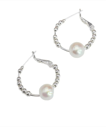 Pearl Earrings Broken Copper Hoop Art Silk Silver