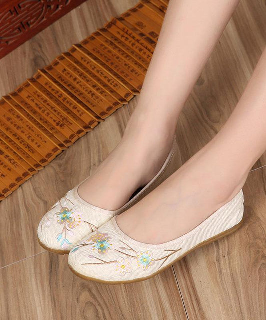 Art Splicing Flat Shoes For Women Beige Embroidered Cotton Linen Fabric RD026