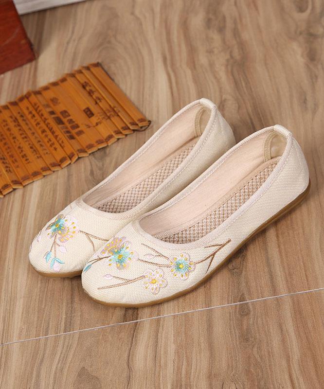 Art Splicing Flat Shoes For Women Beige Embroidered Cotton Linen Fabric RD026