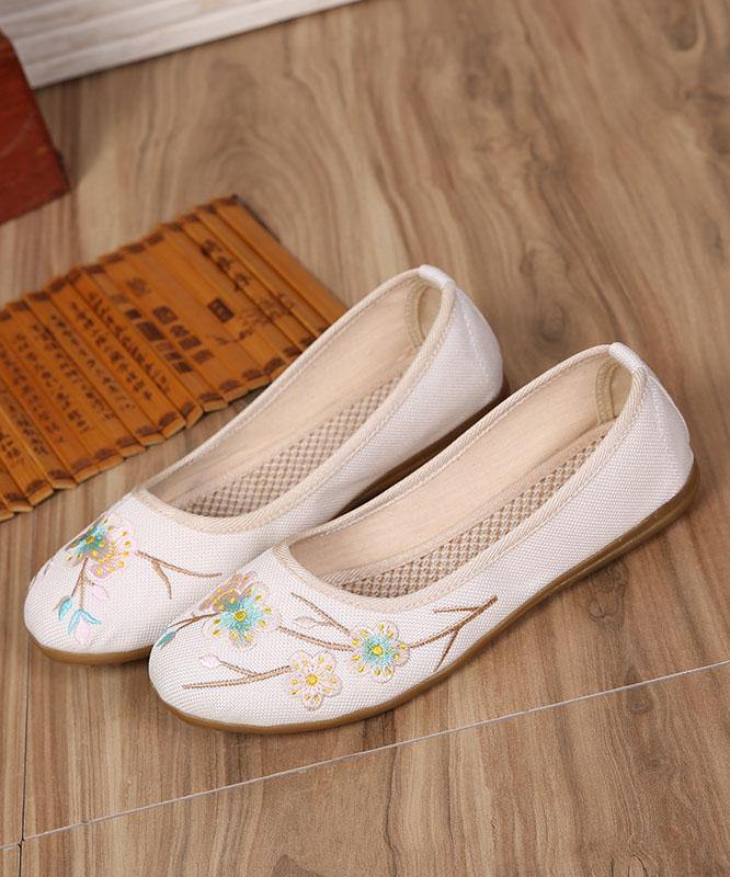 Art Splicing Flat Shoes For Women Beige Embroidered Cotton Linen Fabric RD026