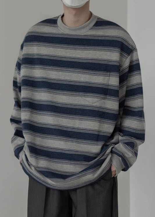 Men Art O-Neck Striped Pullover Cotton Spring Shirt T