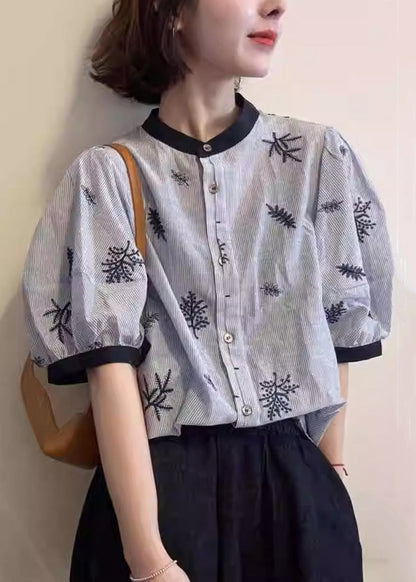 Art Blouses O Embroidered Neck Patchwork Summer Cotton Striped