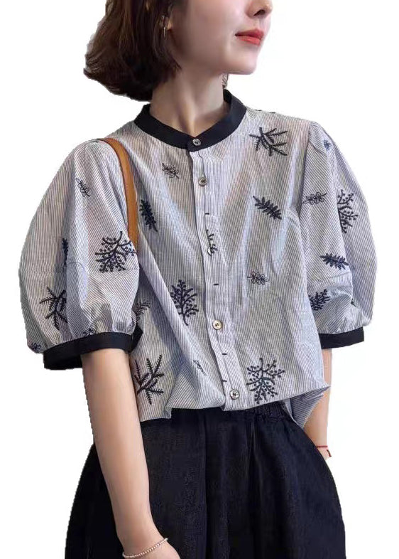 Art Blouses O Embroidered Neck Patchwork Summer Cotton Striped