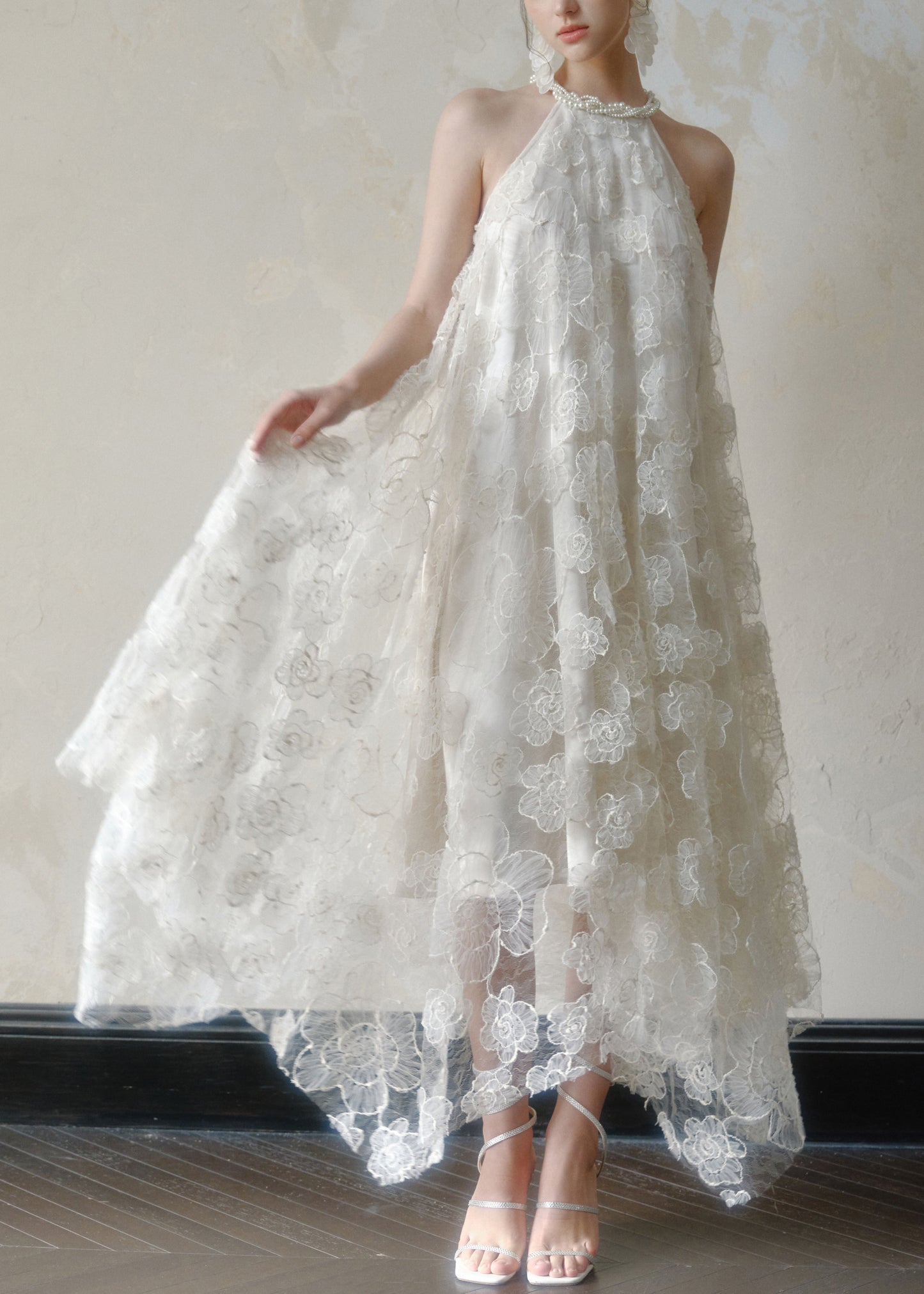 White Long Lace Dress Art Asymmetrical Sleeveless Pearl