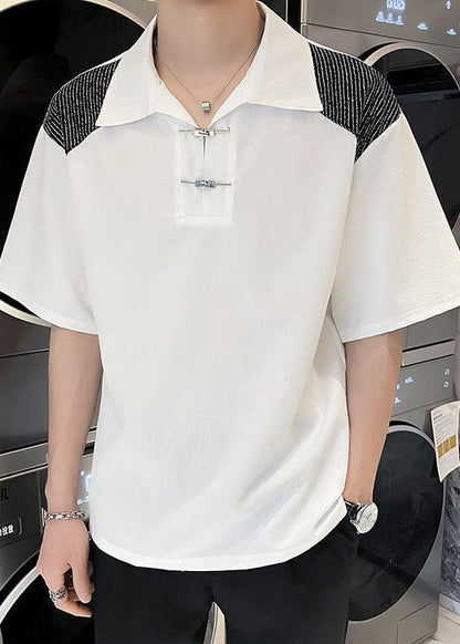Summer Ice Button Polo Patchwork Art White Shirts Silk