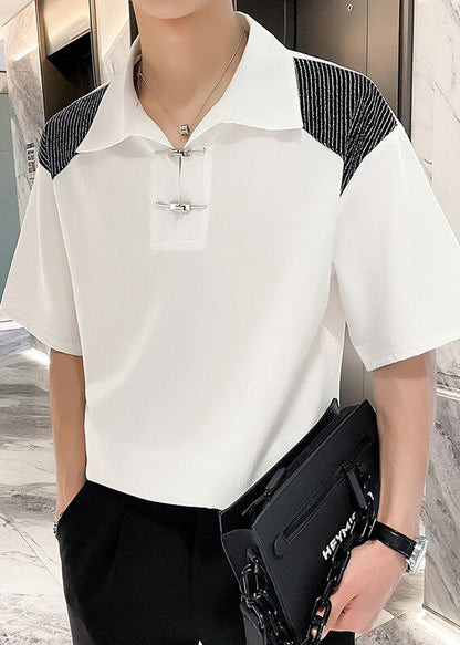 Summer Ice Button Polo Patchwork Art White Shirts Silk