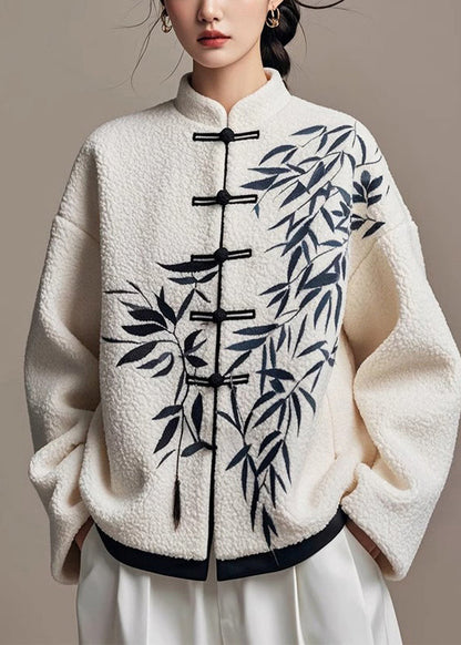 Art White Chinese Button Bamboo Print Faux Fur Jackets Winter