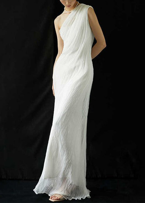Wrinkled Cold Summer Shoulder Solid White Silk Art Dress Maxi