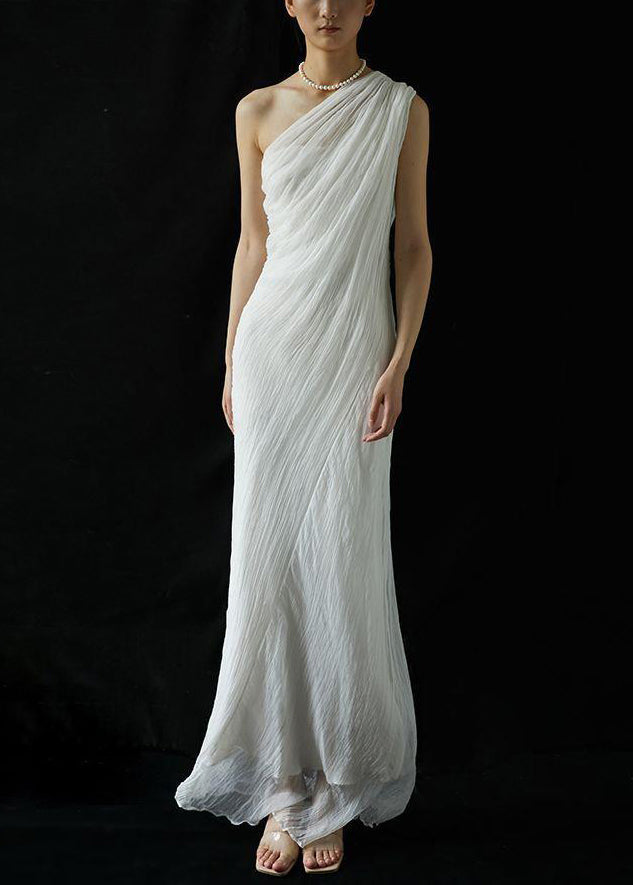 Wrinkled Cold Summer Shoulder Solid White Silk Art Dress Maxi