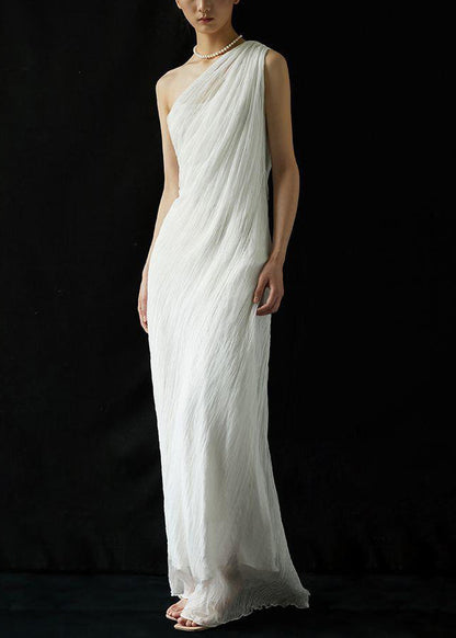 Wrinkled Cold Summer Shoulder Solid White Silk Art Dress Maxi
