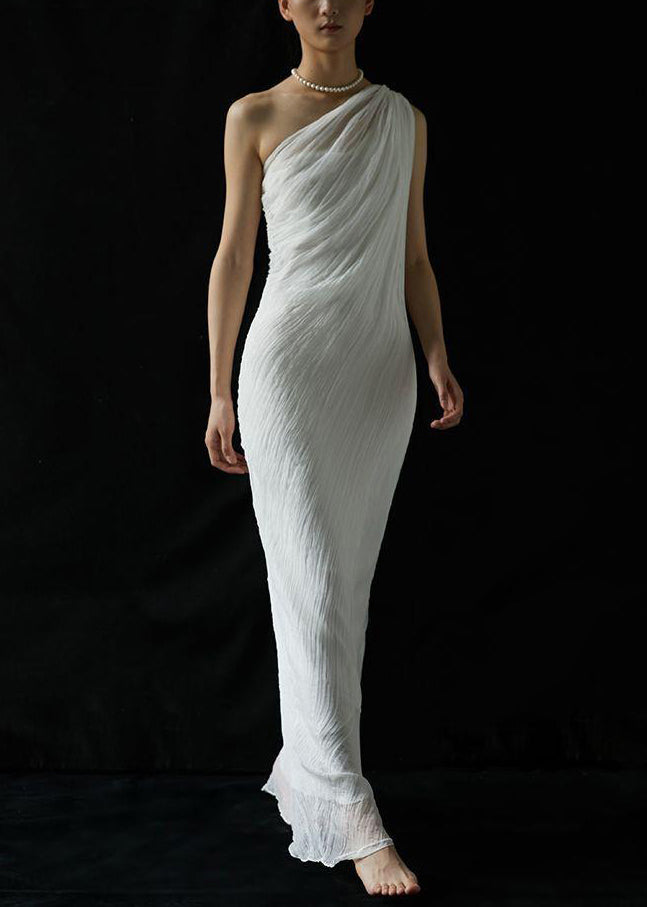 Wrinkled Cold Summer Shoulder Solid White Silk Art Dress Maxi