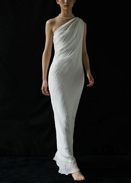 Wrinkled Cold Summer Shoulder Solid White Silk Art Dress Maxi