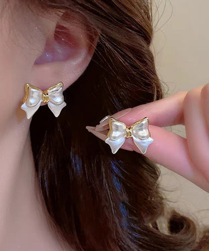 White Art Bow Earrings Copper Stud Alloy