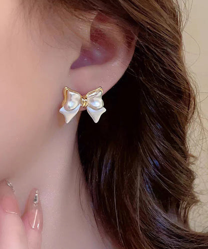 White Art Bow Earrings Copper Stud Alloy