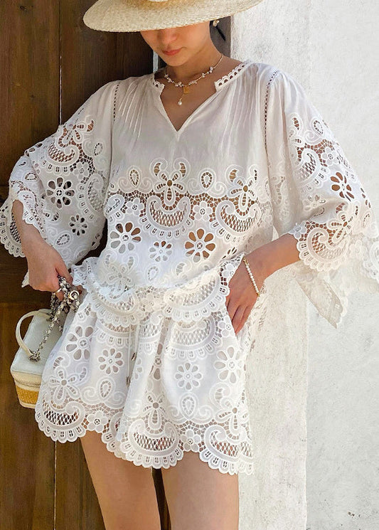 Half Two Sleeve Lace Piece Out Set Art White Hollow