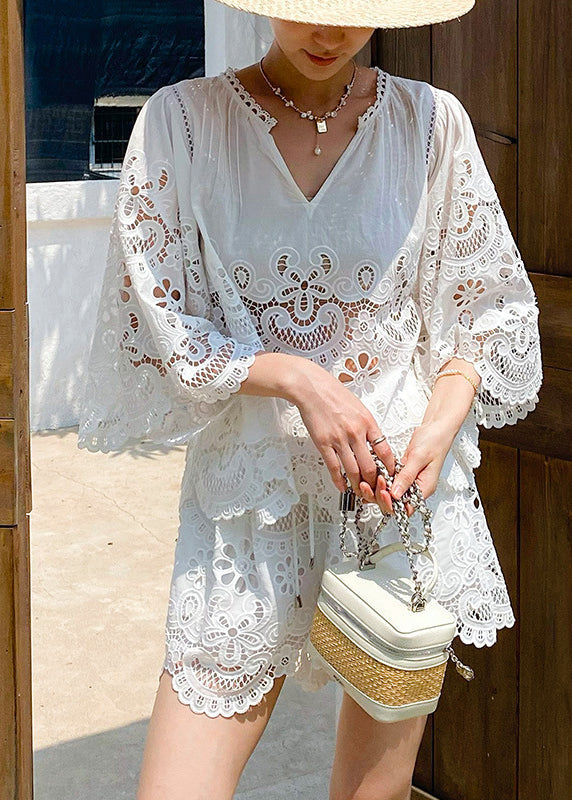 Half Two Sleeve Lace Piece Out Set Art White Hollow