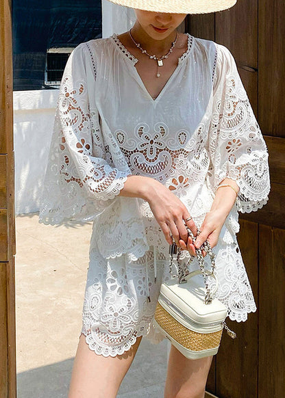 Half Two Sleeve Lace Piece Out Set Art White Hollow