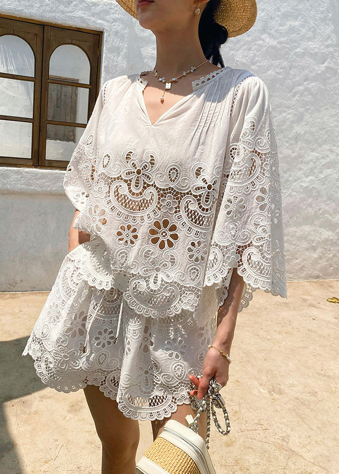 Half Two Sleeve Lace Piece Out Set Art White Hollow