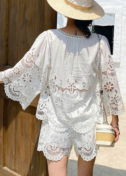 Half Two Sleeve Lace Piece Out Set Art White Hollow