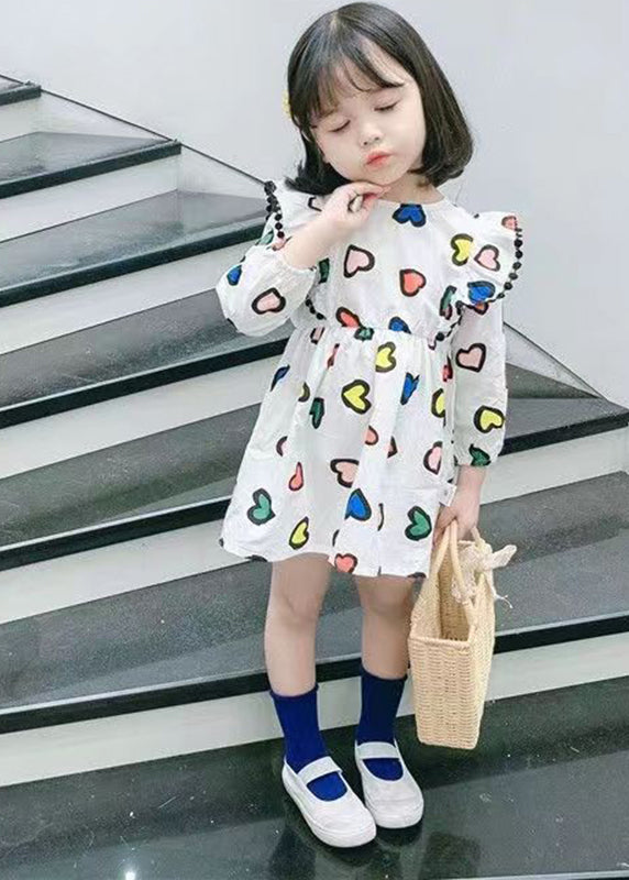 Art White O-Neck Print Girls Mid Dress Long Sleeve SS1052