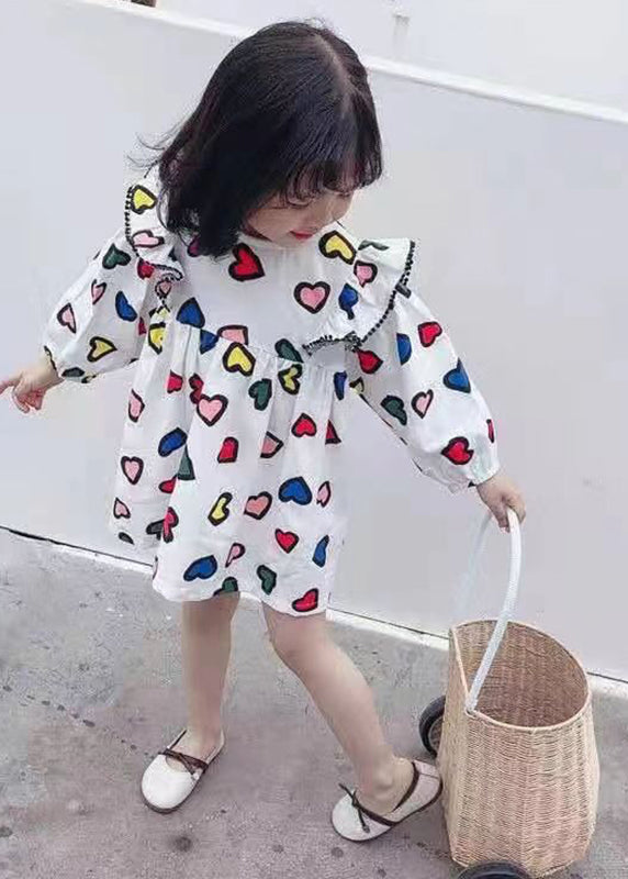 Art White O-Neck Print Girls Mid Dress Long Sleeve SS1052