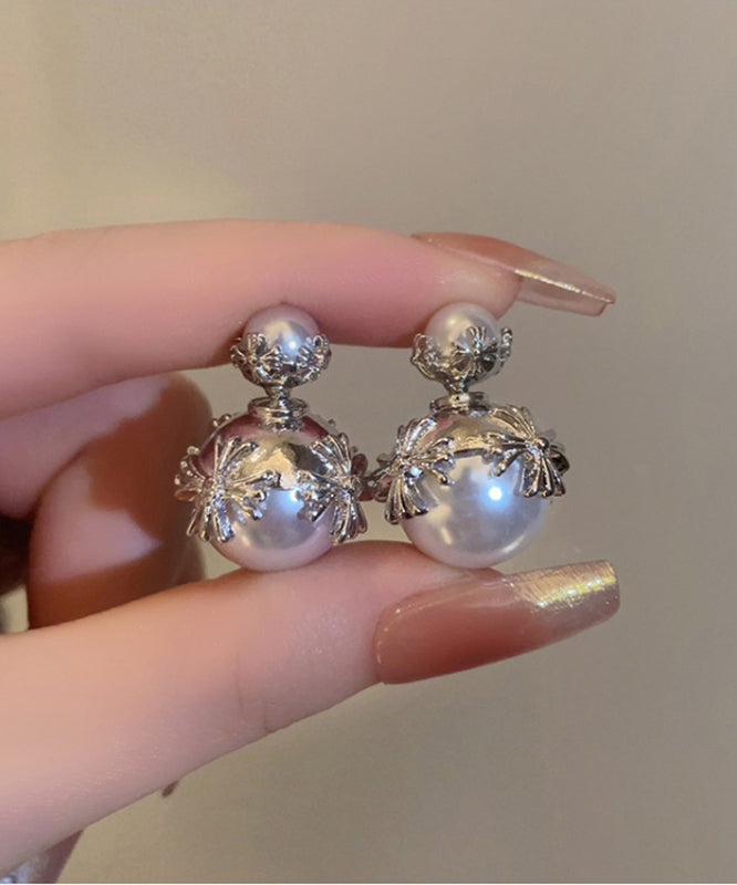 Art White Stainless Steel Inlaid Pearl Stud Earrings ZZ087