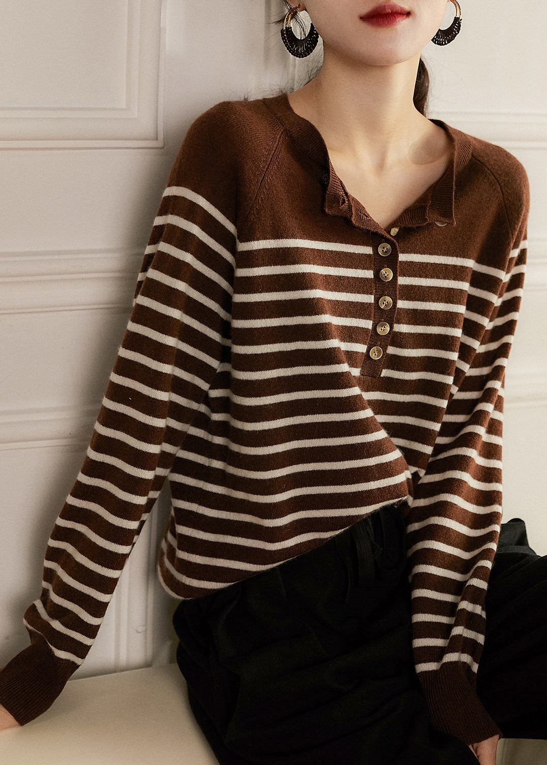 Art White Striped Button Woolen Sweaters Spring TF030