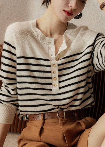Art White Striped Button Woolen Sweaters Spring TF030