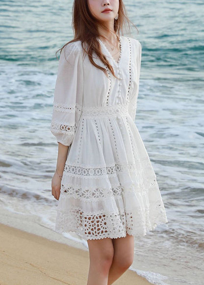 Sleeve Bracelet Mid White Cotton Out Art Neck Hollow Dress V