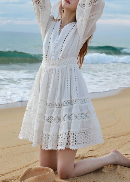 Sleeve Bracelet Mid White Cotton Out Art Neck Hollow Dress V