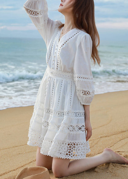 Sleeve Bracelet Mid White Cotton Out Art Neck Hollow Dress V