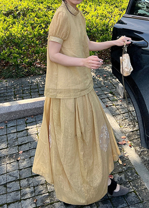 Two Skirts Pieces Tops Set Lace Art Yellow Patchwork And Summer