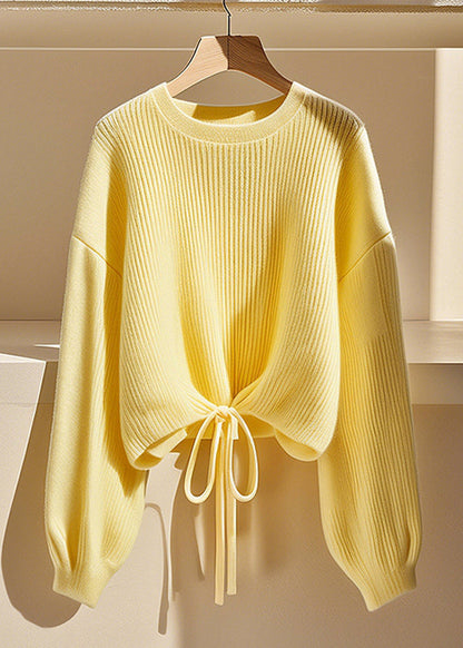 Art Yellow O Neck Lace Up Solid Knit Sweater Fall QS030