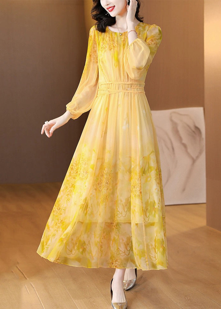 Art Yellow O Neck Print Lace Up Silk Long Dress Summer BB019