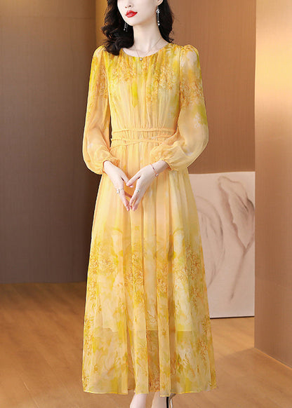 Art Yellow O Neck Print Lace Up Silk Long Dress Summer BB019