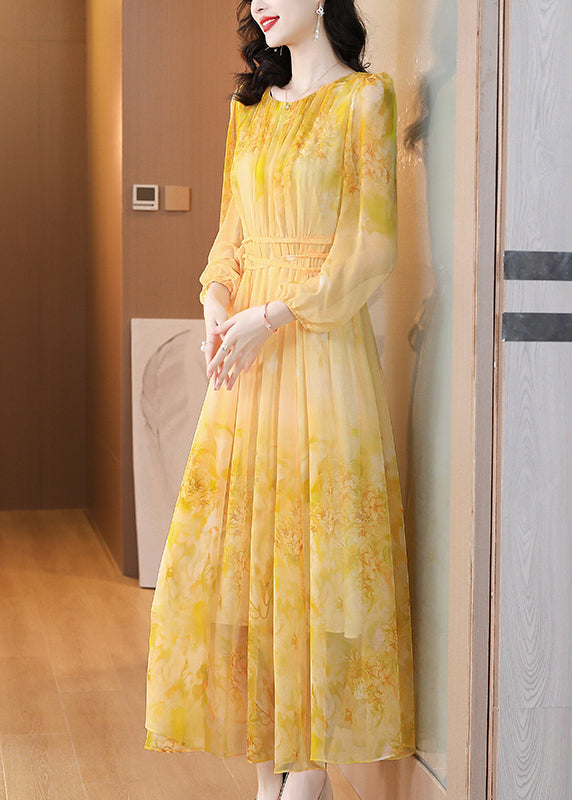 Art Yellow O Neck Print Lace Up Silk Long Dress Summer BB019