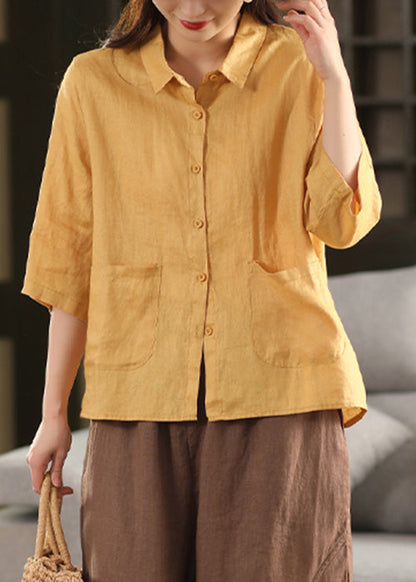 Yellow Sleeve Blouse Pockets Bracelet Art Pan Linen Peter Collar