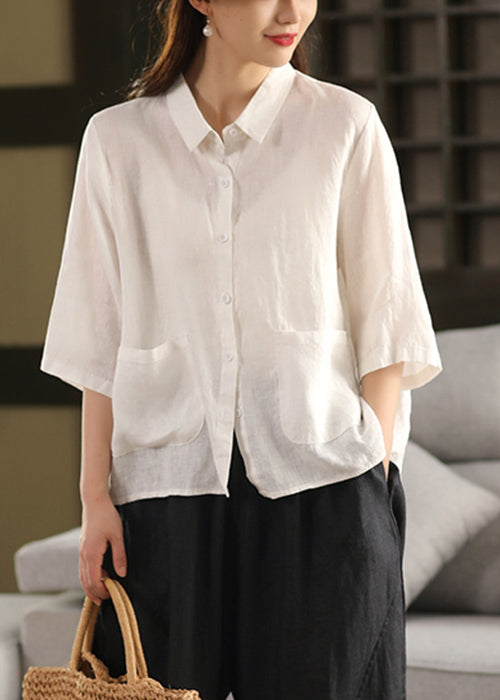 Yellow Sleeve Blouse Pockets Bracelet Art Pan Linen Peter Collar